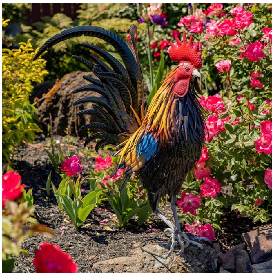 28" Tall Painted Iron Rooster "Hugo"
