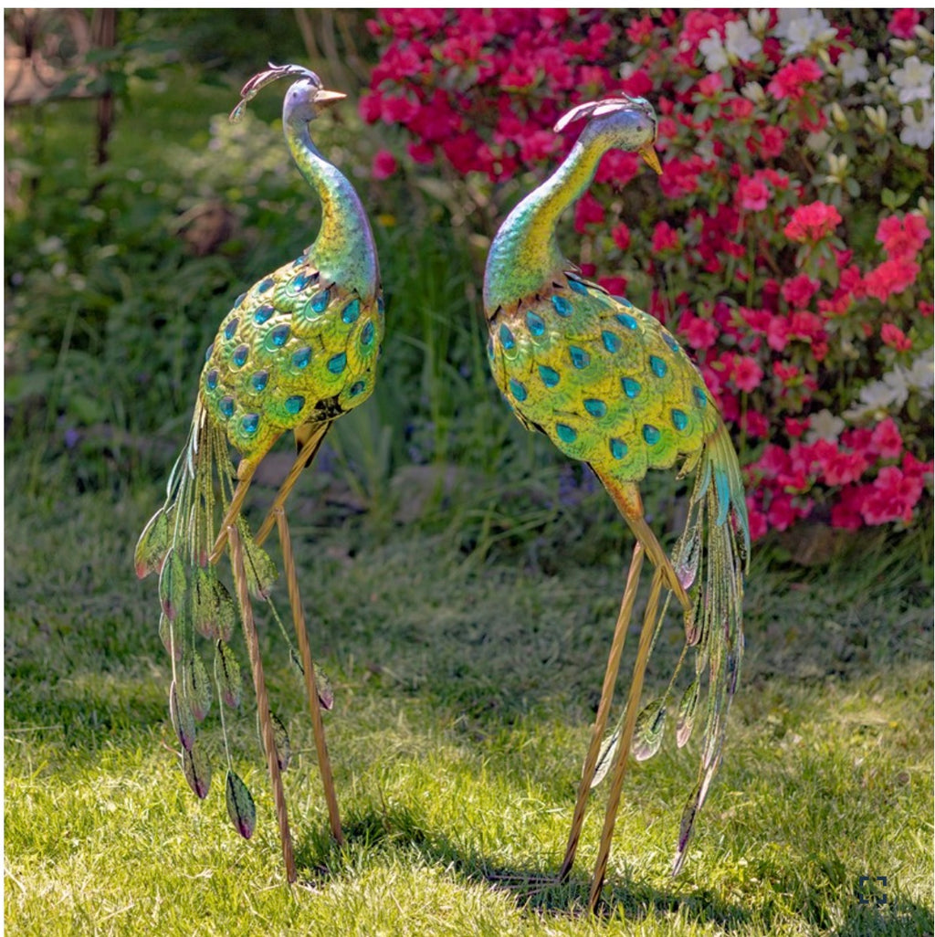 Set of 2 41" Tall Blue & Green Colorful Metal Peacocks with Acrylic Accents