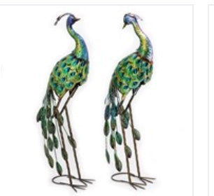 Set of 2 41" Tall Blue & Green Colorful Metal Peacocks with Acrylic Accents