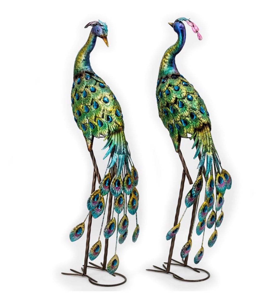 Set of 2 41" Tall Blue & Green Colorful Metal Peacocks with Acrylic Accents
