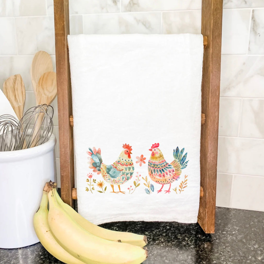 Folk Art Chickens Tea Towel with Hanging Loop