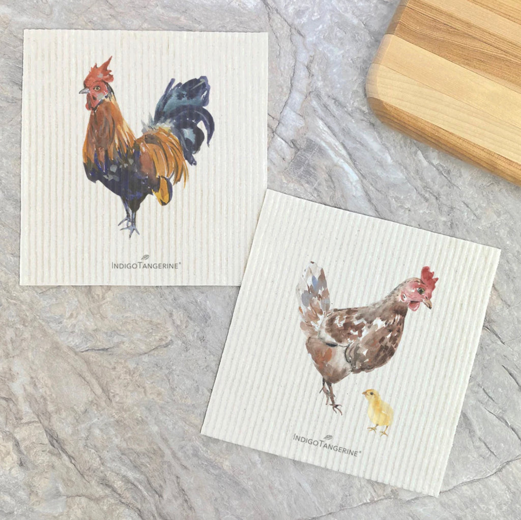 Watercolor Rooster, Hen with Chick Swedish Dish Cloths