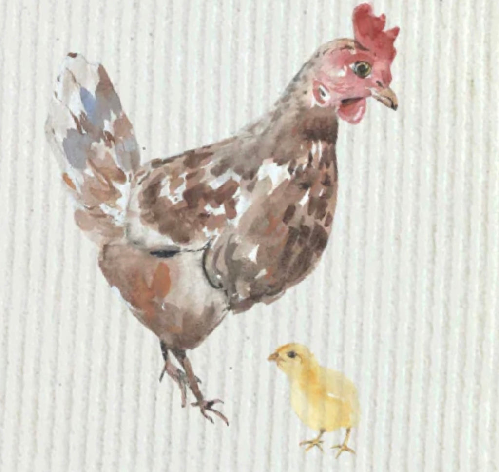 Watercolor Rooster, Hen with Chick Swedish Dish Cloths